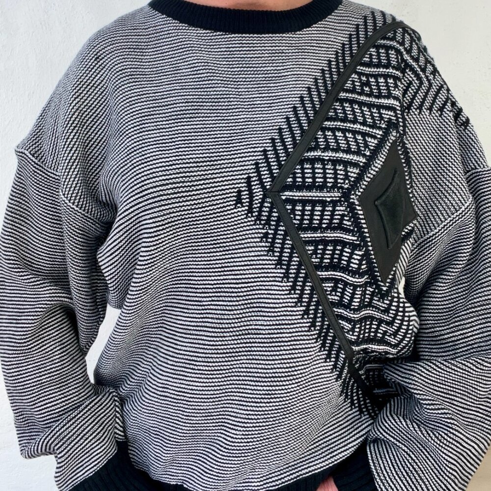 Vintage 90s Urban Works Black White Striped w/ Leather Trim Crewneck Sweater XXL